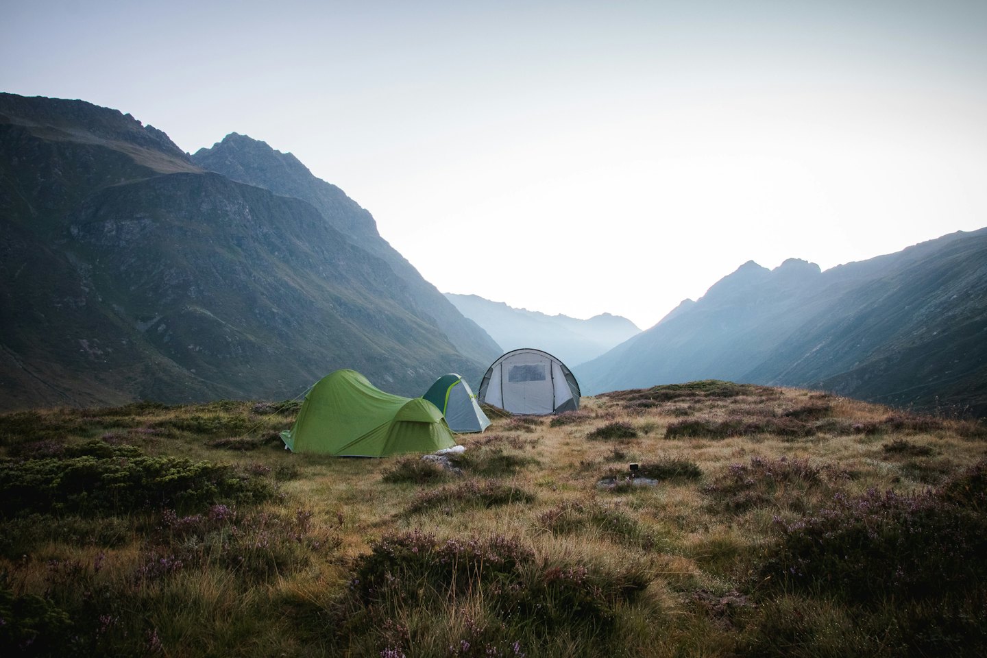 Three camping tents pitched on a grassy mountain hillside.